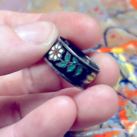 Vintage Jewelry - VTG Cloissone Enamel Thailand Floral Sterling Silver Size 6 Ring